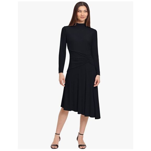 NEW Blue Maggy London Mock Neck Midi Dress Asymmetrical Hem 8 - Picture 3 of 6